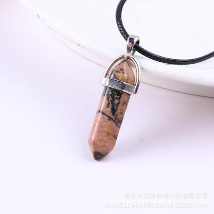 Natural Hexagonal Pillar Gemstone Pendant with Leather Rope - My Vibe Finder