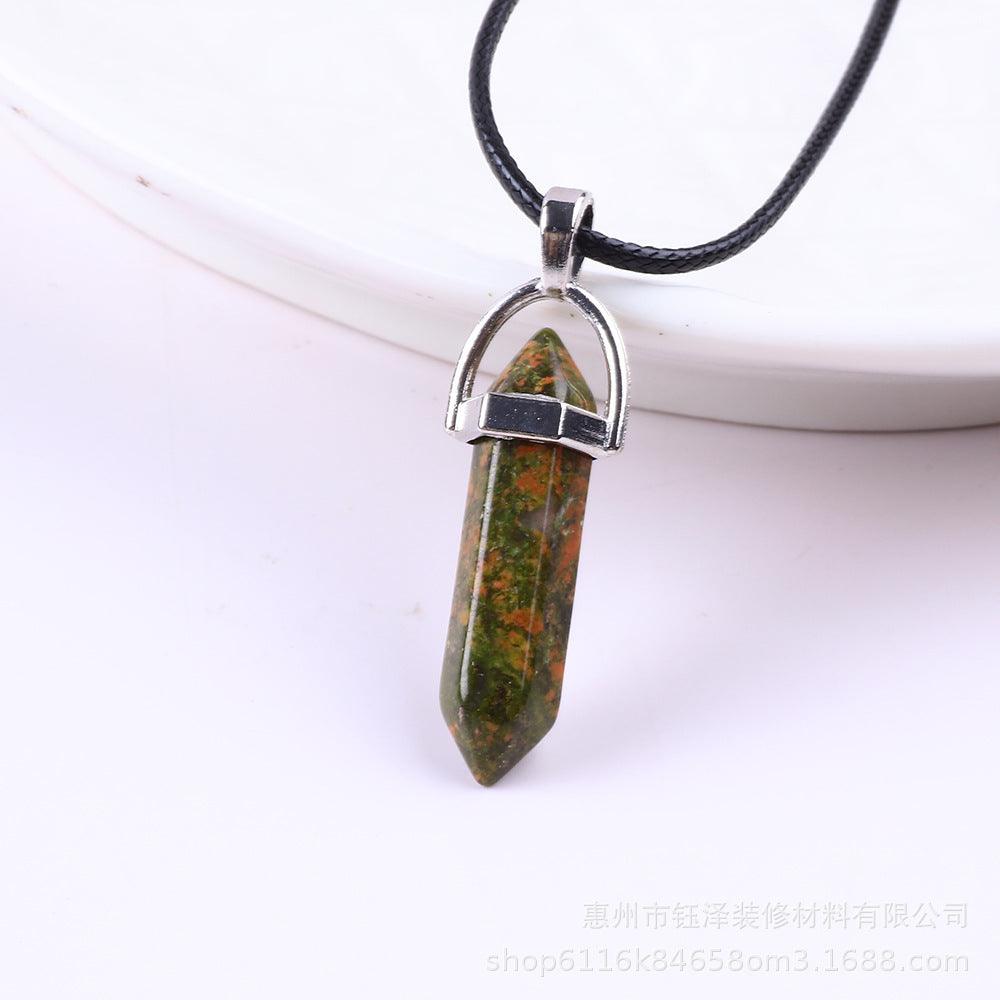 Natural Hexagonal Pillar Gemstone Pendant with Leather Rope - My Vibe Finder