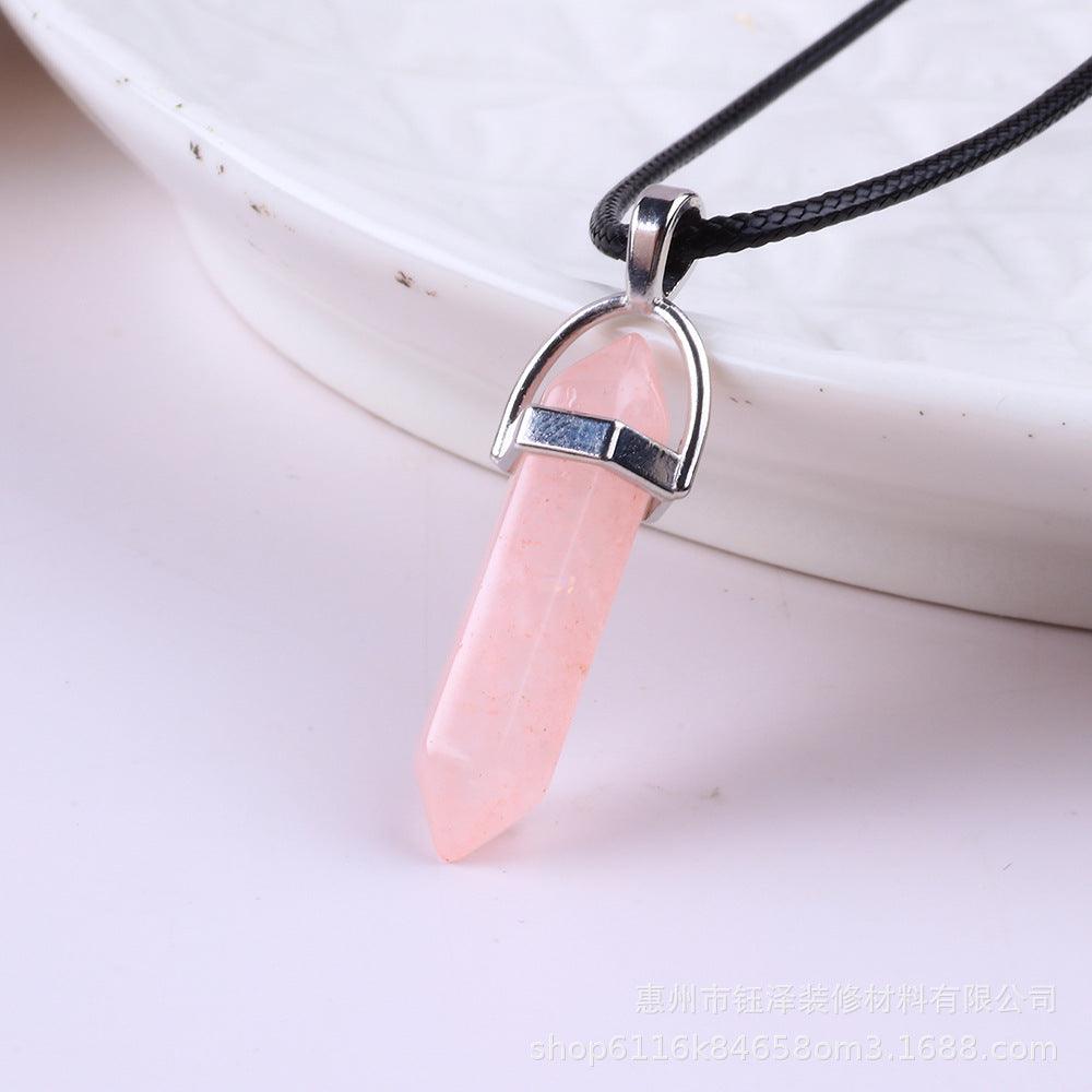 Natural Hexagonal Pillar Gemstone Pendant with Leather Rope - My Vibe Finder