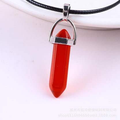 Natural Hexagonal Pillar Gemstone Pendant with Leather Rope - My Vibe Finder