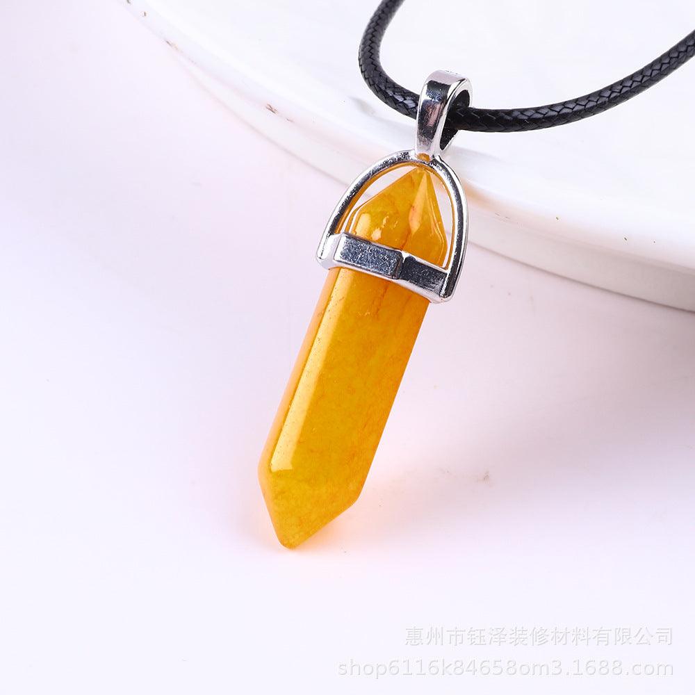 Natural Hexagonal Pillar Gemstone Pendant with Leather Rope - My Vibe Finder