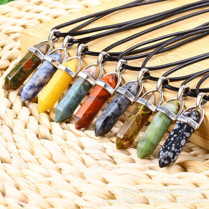 Natural Hexagonal Pillar Gemstone Pendant with Leather Rope - My Vibe Finder