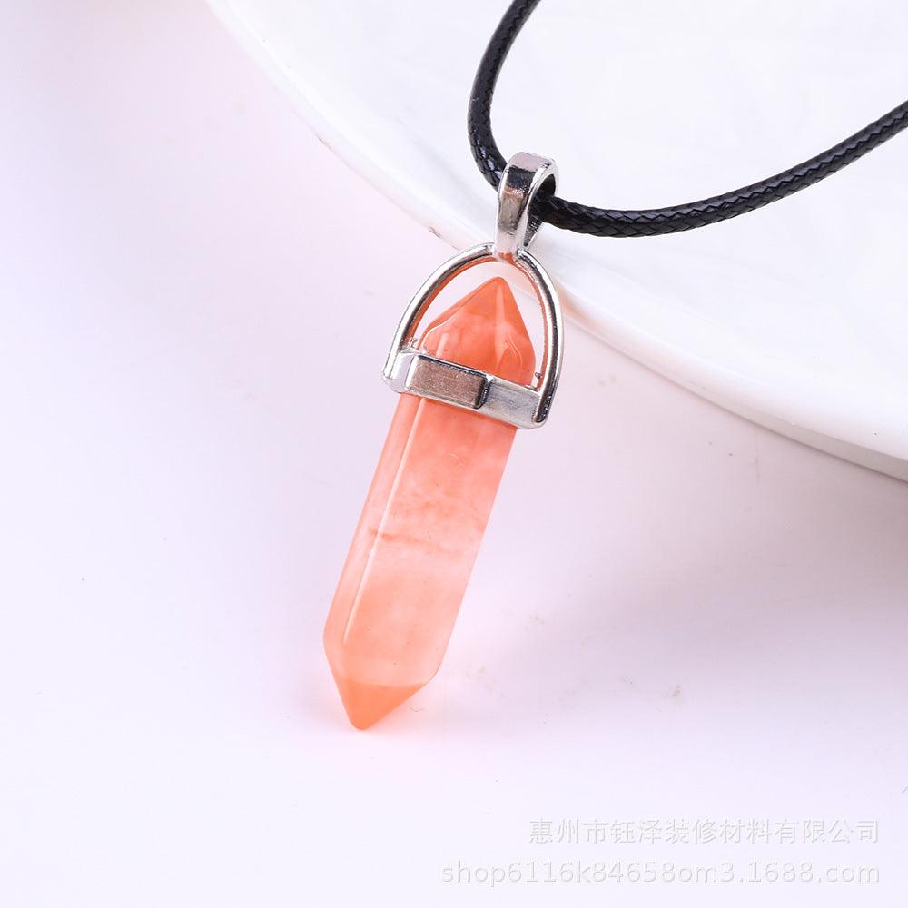 Natural Hexagonal Pillar Gemstone Pendant with Leather Rope - My Vibe Finder