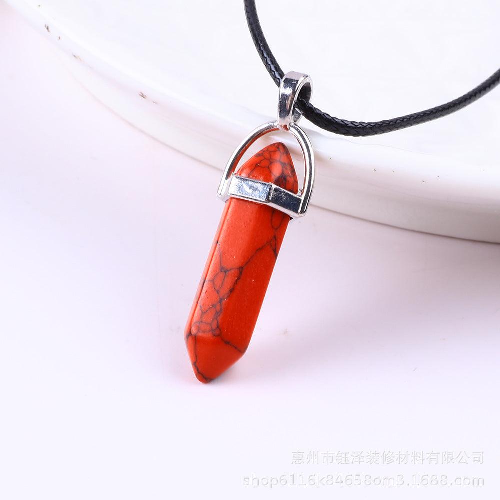 Natural Hexagonal Pillar Gemstone Pendant with Leather Rope - My Vibe Finder