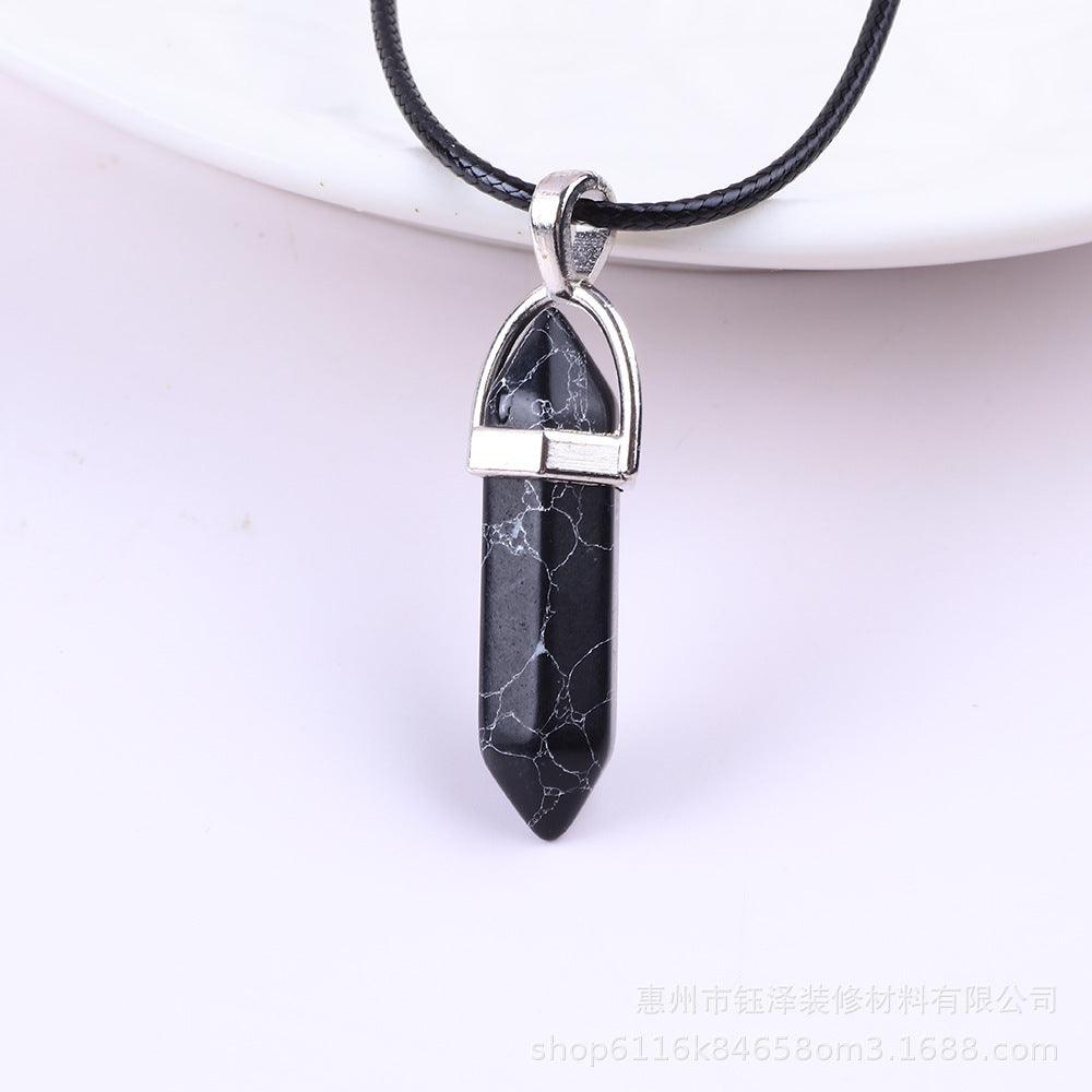 Natural Hexagonal Pillar Gemstone Pendant with Leather Rope - My Vibe Finder