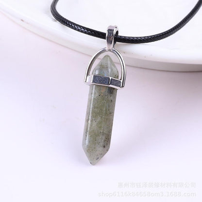 Natural Hexagonal Pillar Gemstone Pendant with Leather Rope - My Vibe Finder