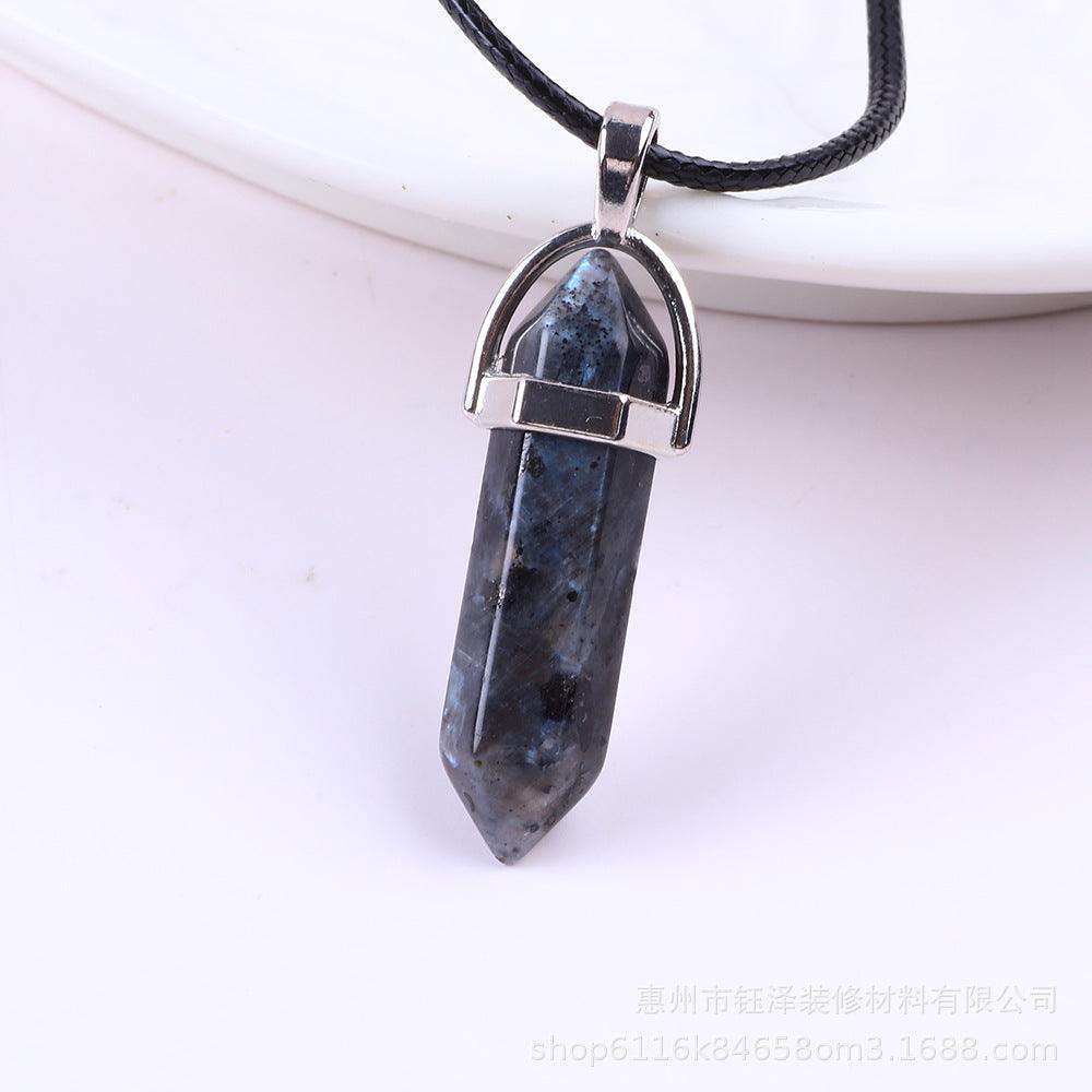 Natural Hexagonal Pillar Gemstone Pendant with Leather Rope - My Vibe Finder