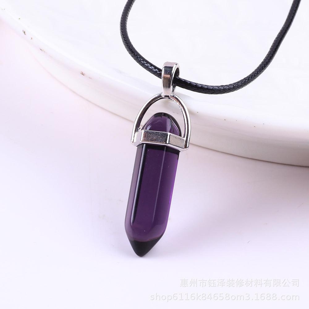 Natural Hexagonal Pillar Gemstone Pendant with Leather Rope - My Vibe Finder