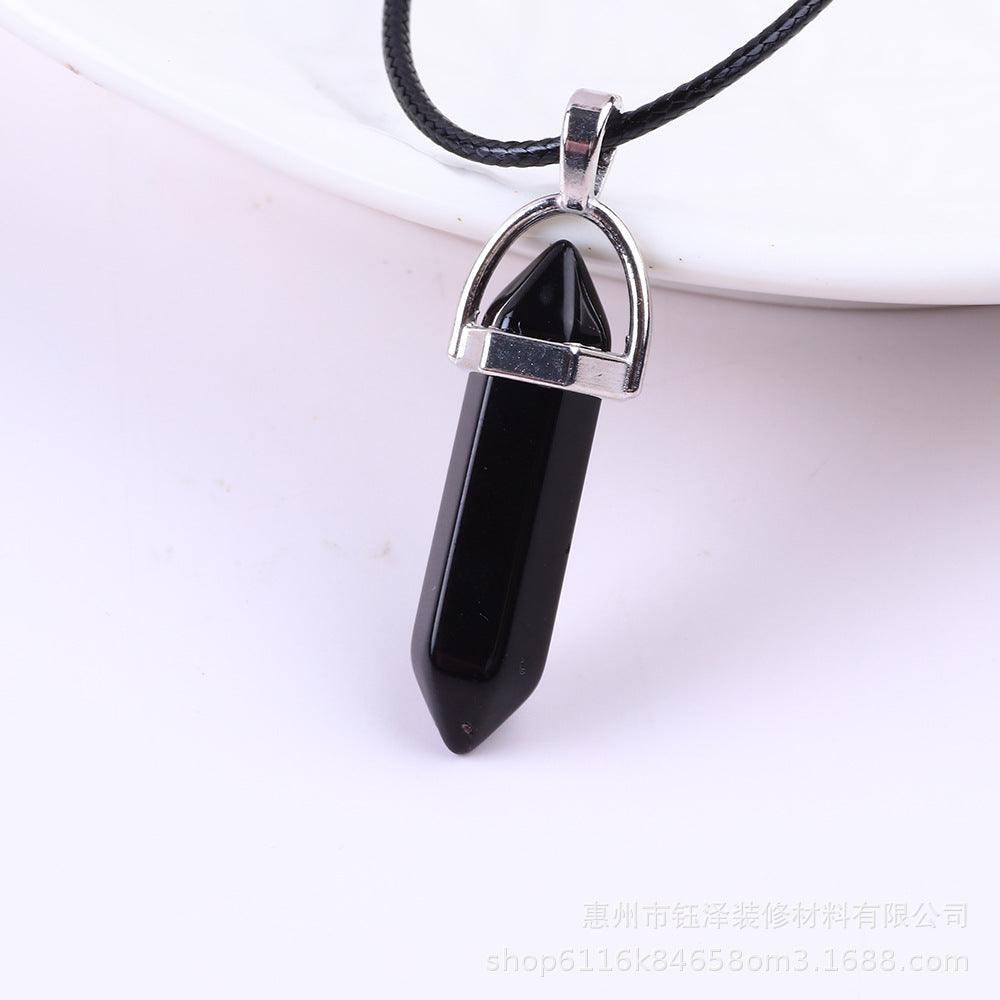 Natural Hexagonal Pillar Gemstone Pendant with Leather Rope - My Vibe Finder