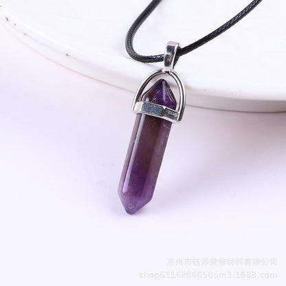 Natural Hexagonal Pillar Gemstone Pendant with Leather Rope - My Vibe Finder